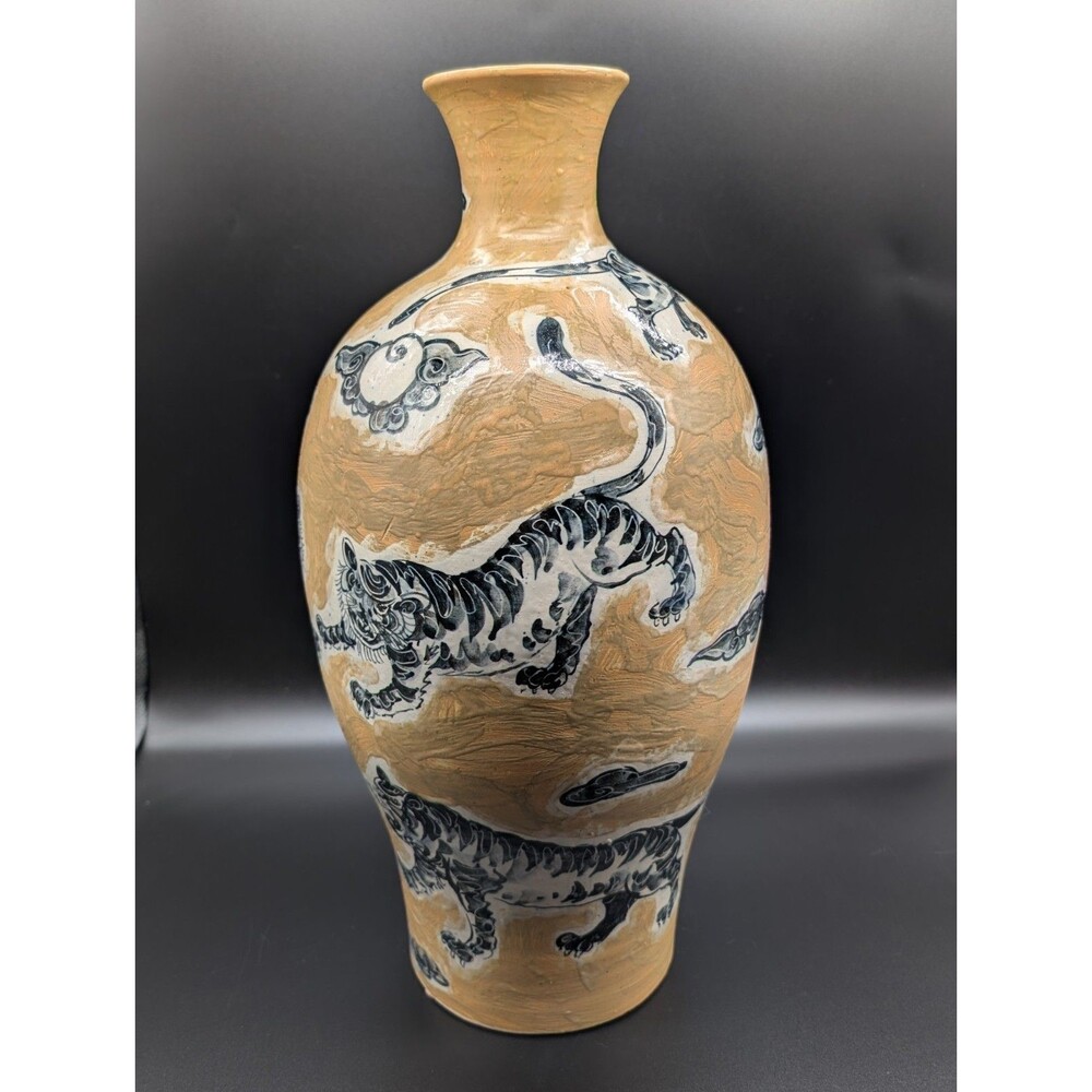 16" Bat Trang Vietnam Ceramic Vase White Tiger Handpainted Handmade